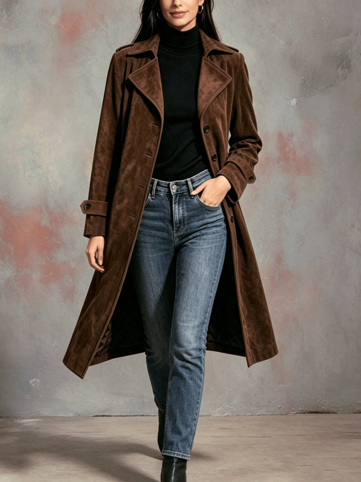 Hildur | Dame Langfrakke Brun Ruskind Trenchcoat - Dark Brown - Image 2
