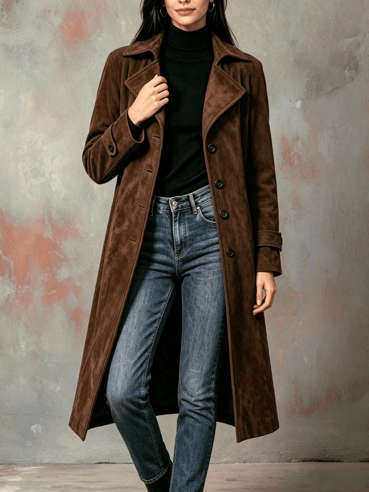 Hildur | Dame Langfrakke Brun Ruskind Trenchcoat - Dark Brown - Image 4