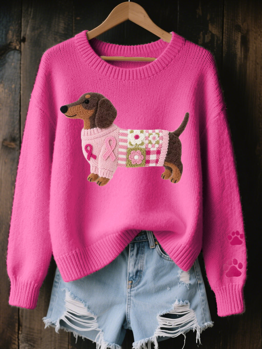 Linnova | Women's Dachshund Graphic Knit Sweater - Pink - Image 2