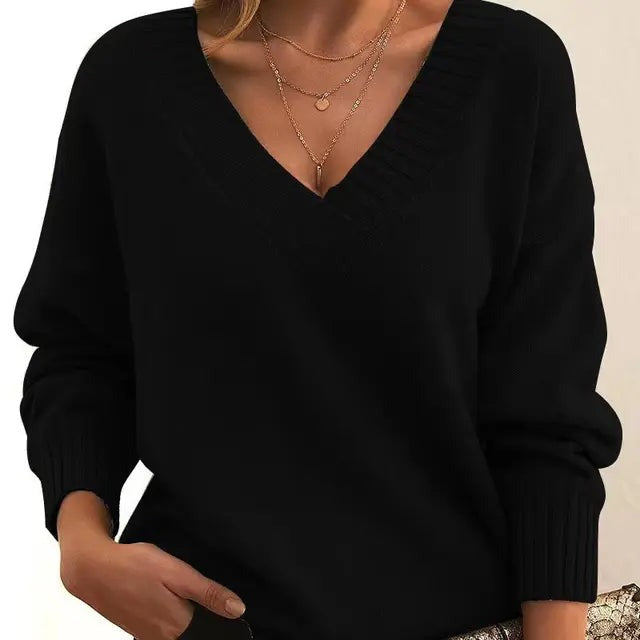 Lisbeth | Dame Striktrøje V-hals Pullover - Black - Image 1