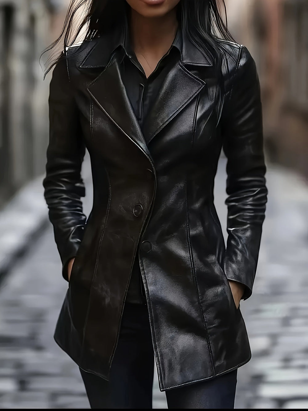 Malena | Dame Kunstlæder Frakke Slimfit Sort - Black - Image 2