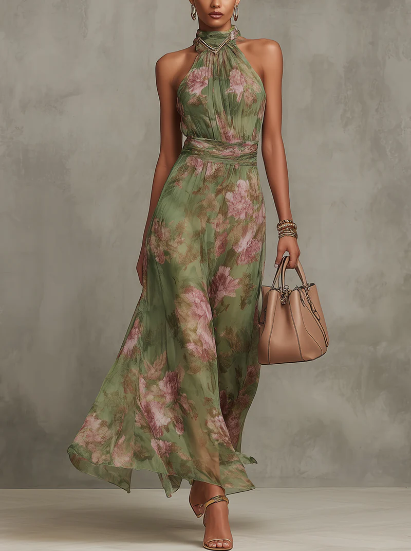 Molvine | Dame Blomstret Halterneck Maxi Kjole - Sage - Image 1