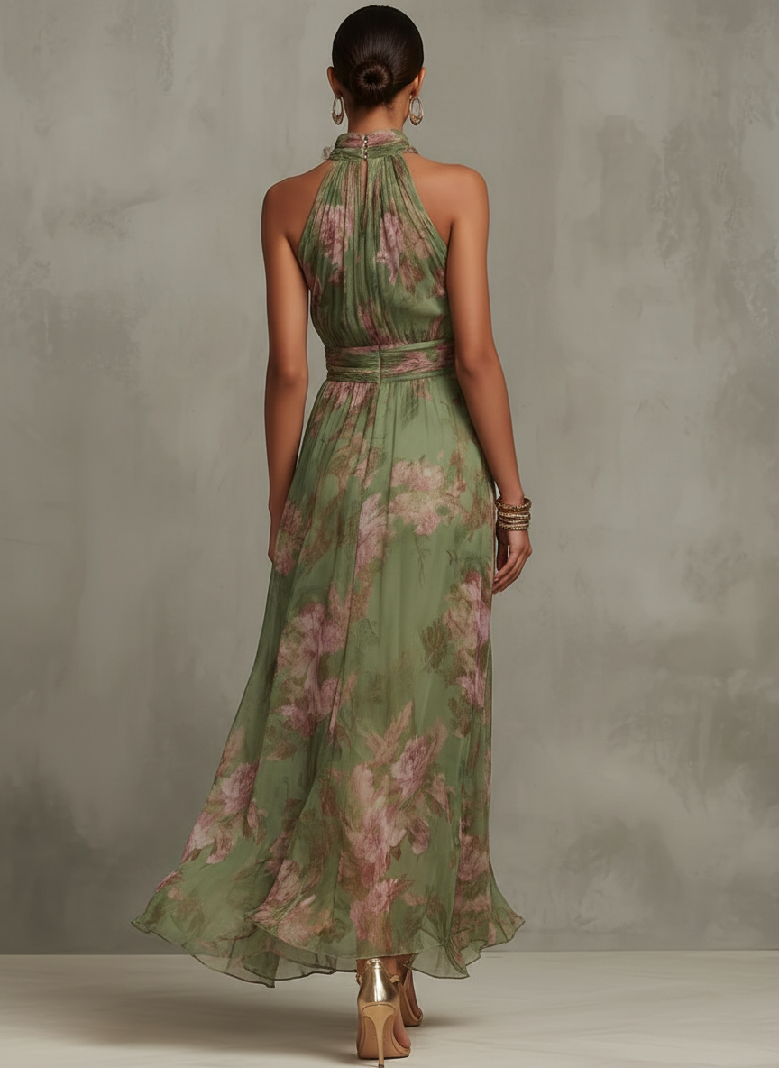 Molvine | Dame Blomstret Halterneck Maxi Kjole - Sage - Image 2