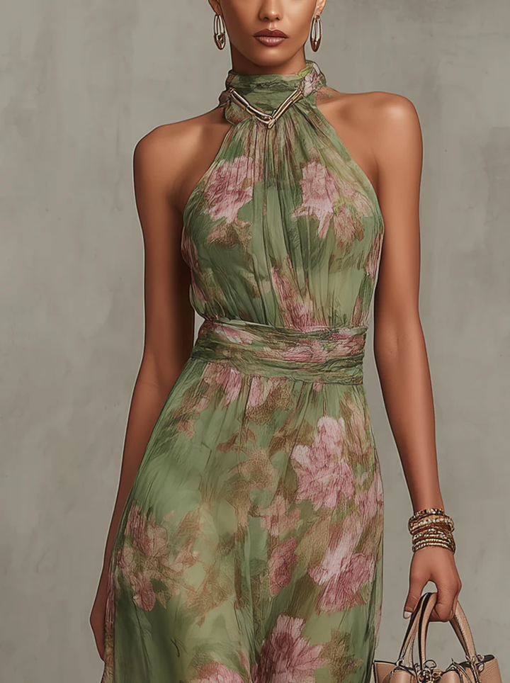 Molvine | Dame Blomstret Halterneck Maxi Kjole - Sage - Image 3