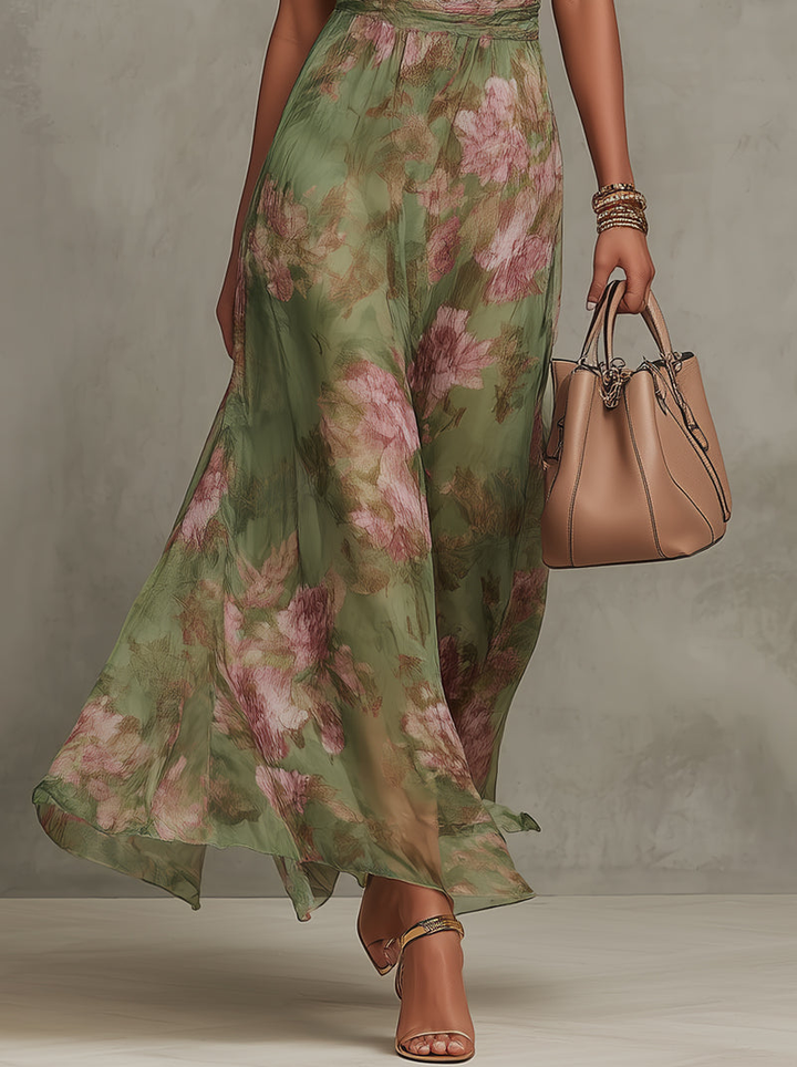 Molvine | Dame Blomstret Halterneck Maxi Kjole - Sage - Image 4