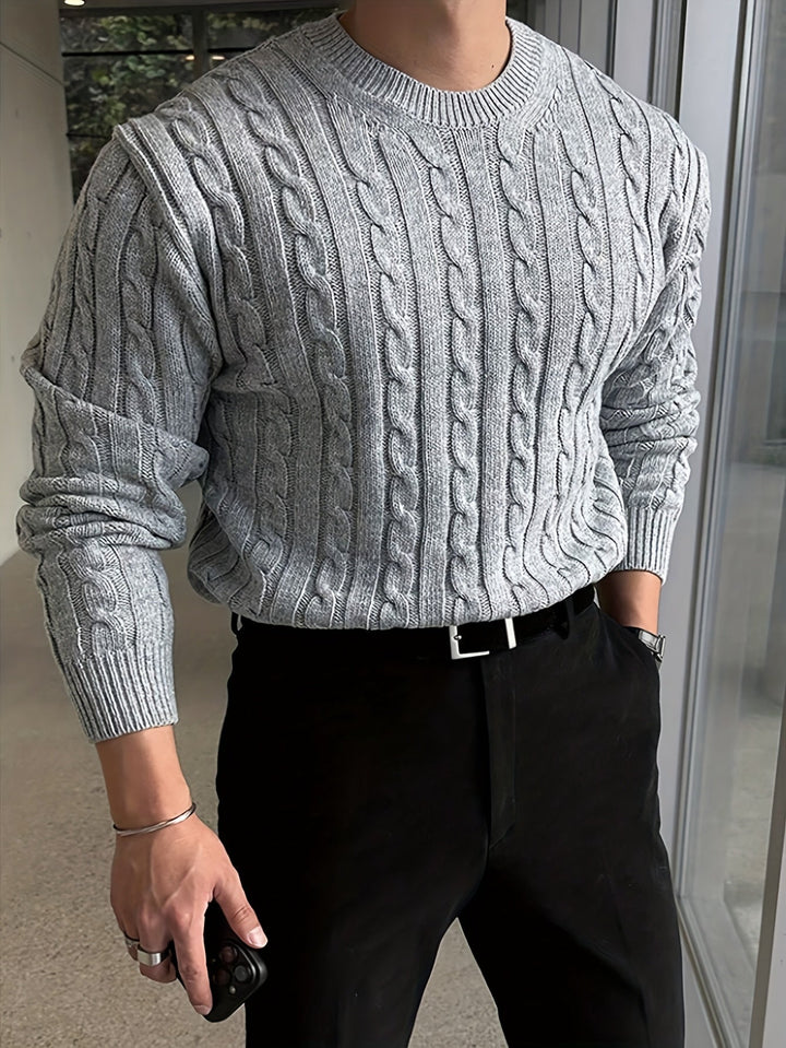 Olvind | Herre Striktrøje Snonemønster Rund Hals - Light Grey - Image 1