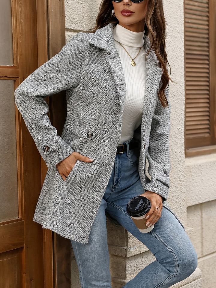 Ottoline | Dame vinterfrakke med bælte og fiskebensdesign - Light Grey - Image 3