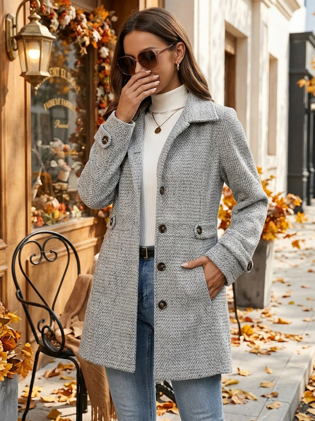 Ottoline | Dame vinterfrakke med bælte og fiskebensdesign - Light Grey - Image 7