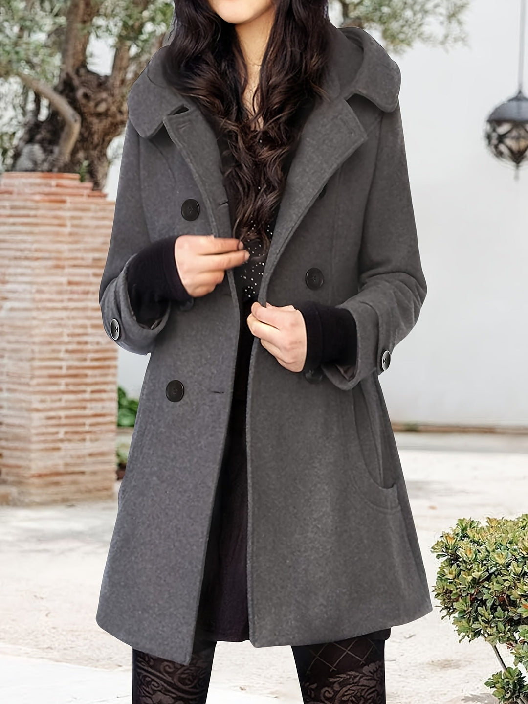 Runa | Dame Vinterfrakke med Hætte og Dobbeltknapper - Black - Image 8
