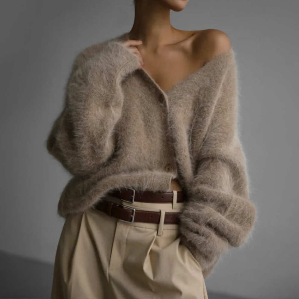 Selvaine | Women's Oversized Fluffy Cardigan - Taupe - Image 2