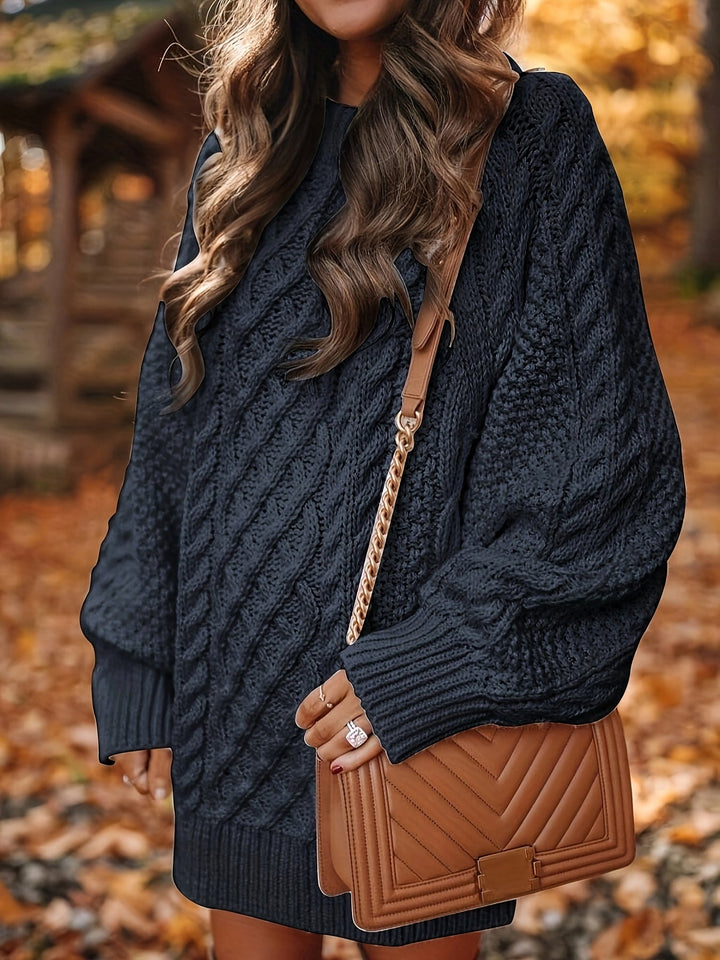 Selvana | Dame Strikket Kjole Oversized Kabelstrik - Dark Blue - Image 3