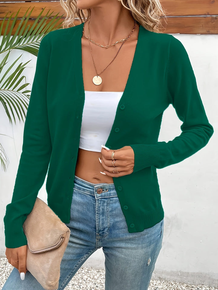 Selvara | Dame Strikjakke V-hals Cardigan - Green - Image 1