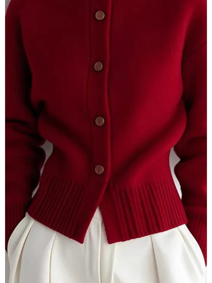 Selvrid | Dame Strikjakke Høj Hals Knapper - Red - Image 6