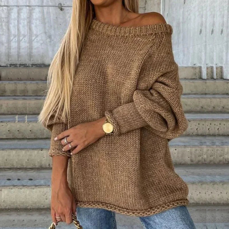 Solberta | Dame Oversized Striktrøje Off-Shoulder - Camel - Image 1