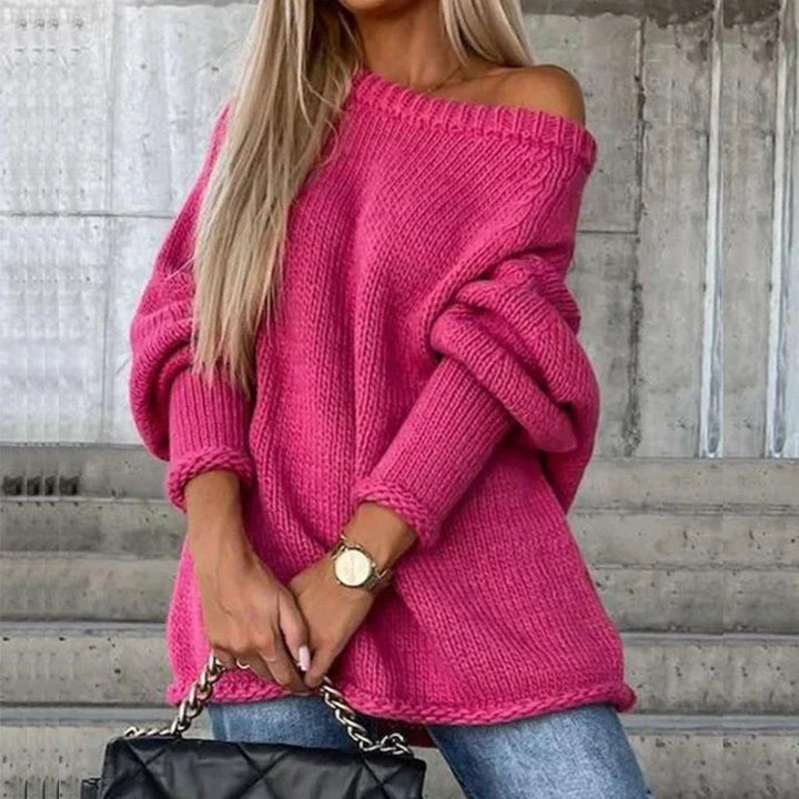 Solberta | Dame Oversized Striktrøje Off-Shoulder - Camel - Image 2