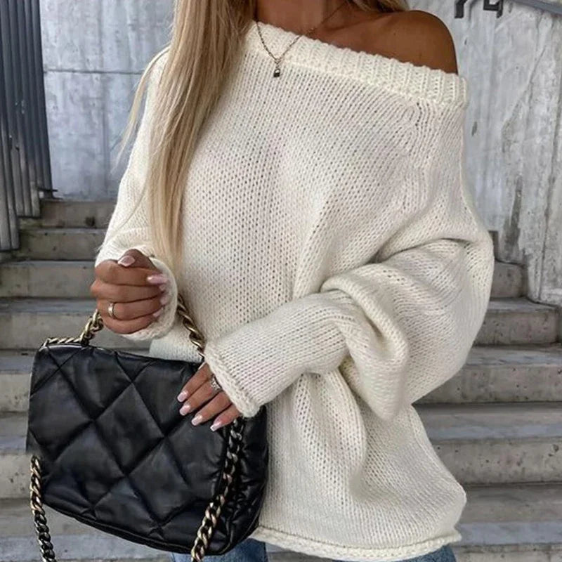 Solberta | Dame Oversized Striktrøje Off-Shoulder - Camel - Image 3