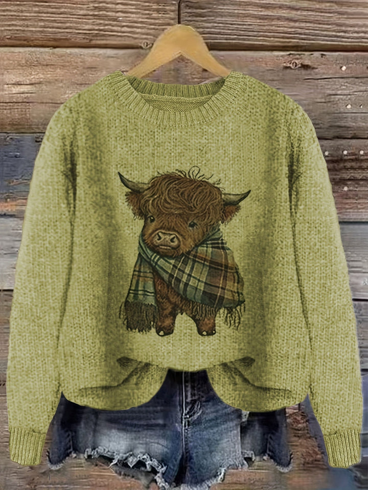 Solbrun | Dame Striktrøje Highland Cow Grafik - Light Green - Image 1