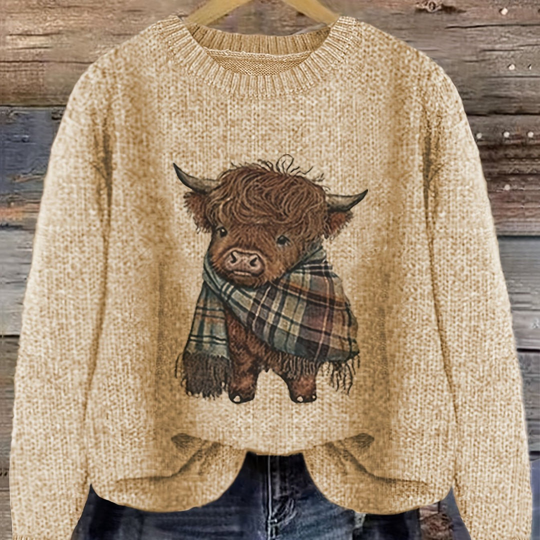Solbrun | Dame Striktrøje Highland Cow Grafik - Light Green - Image 11