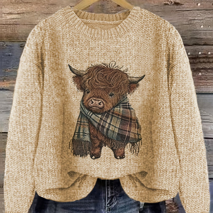 Solbrun | Dame Striktrøje Highland Cow Grafik - Light Green - Image 11