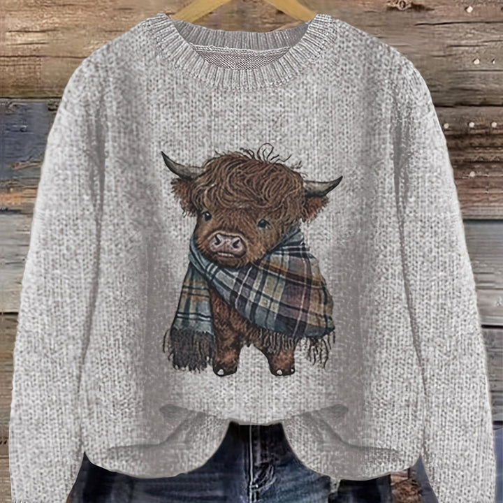 Solbrun | Dame Striktrøje Highland Cow Grafik - Light Green - Image 12