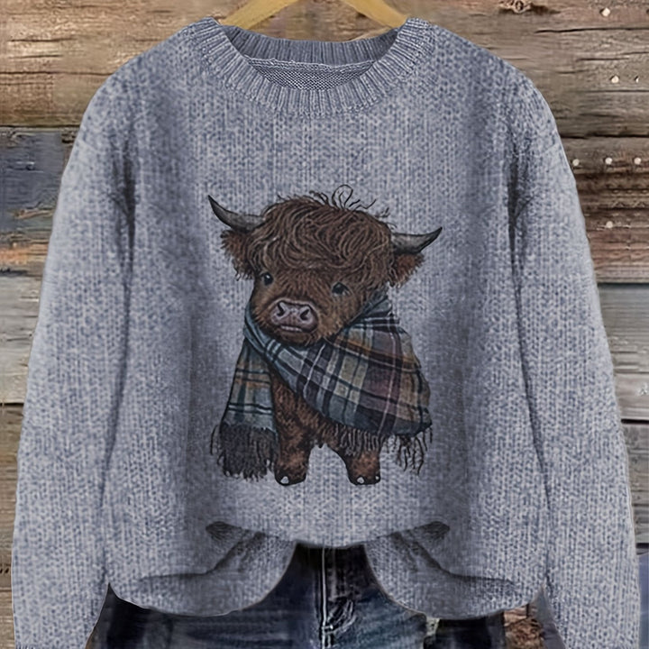 Solbrun | Dame Striktrøje Highland Cow Grafik - Light Green - Image 13