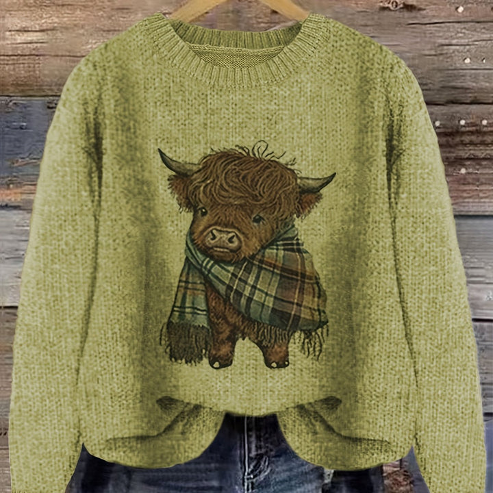 Solbrun | Dame Striktrøje Highland Cow Grafik - Light Green - Image 14