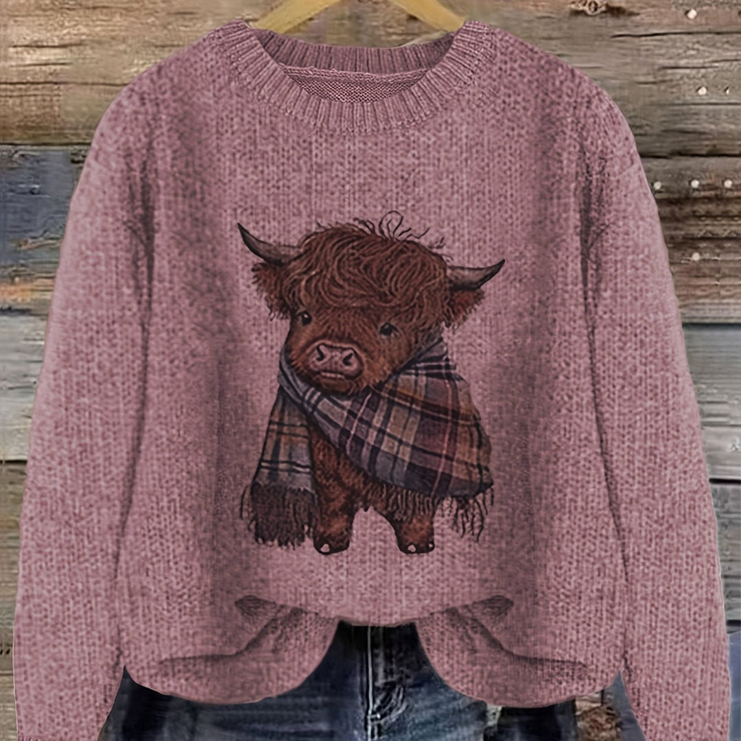 Solbrun | Dame Striktrøje Highland Cow Grafik - Light Green - Image 15