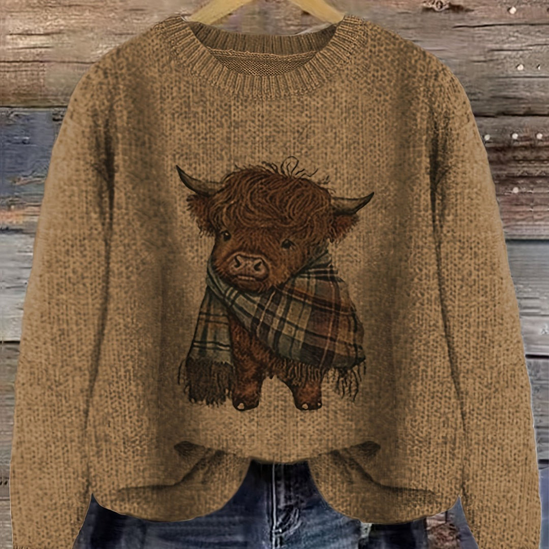 Solbrun | Dame Striktrøje Highland Cow Grafik - Light Green - Image 16