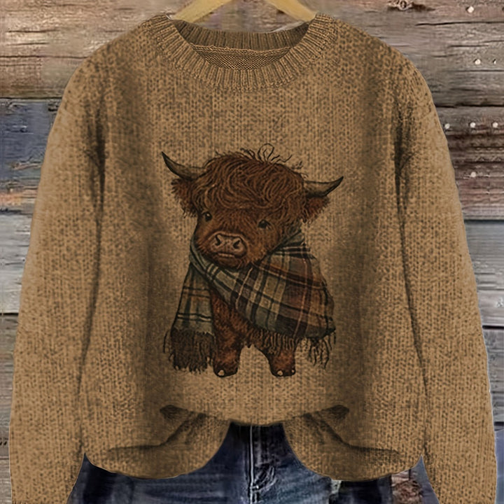 Solbrun | Dame Striktrøje Highland Cow Grafik - Light Green - Image 16