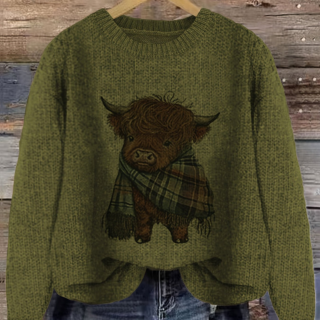 Solbrun | Dame Striktrøje Highland Cow Grafik - Light Green - Image 17