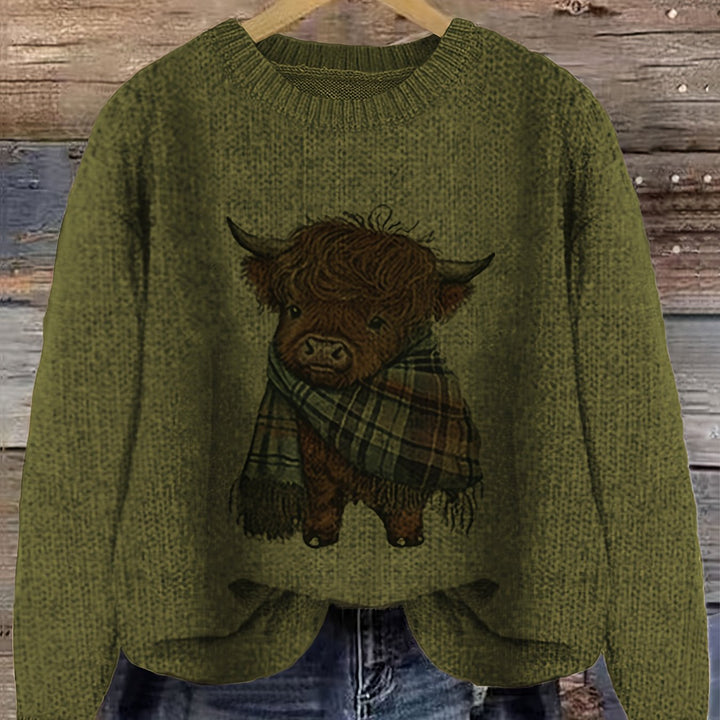 Solbrun | Dame Striktrøje Highland Cow Grafik - Light Green - Image 17