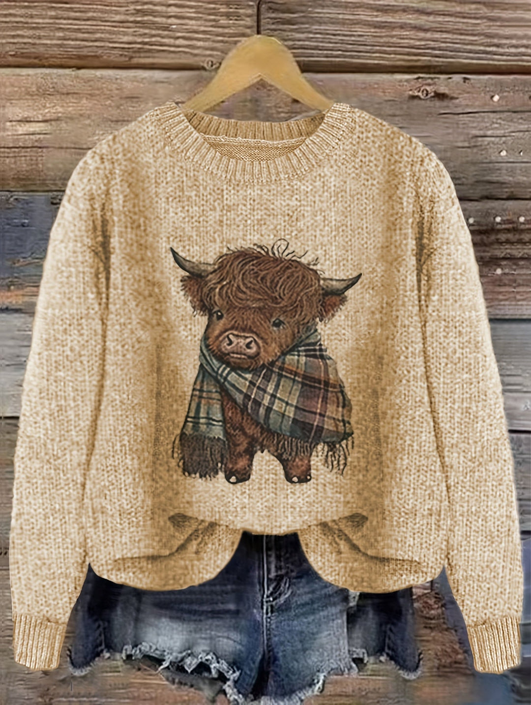 Solbrun | Dame Striktrøje Highland Cow Grafik - Light Green - Image 5