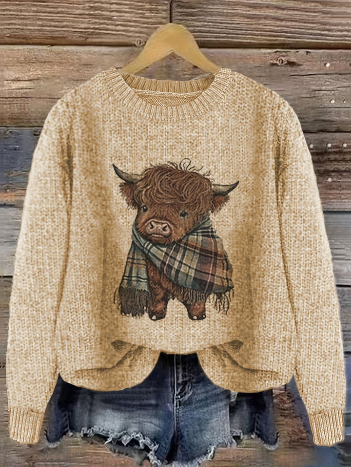 Solbrun | Dame Striktrøje Highland Cow Grafik - Light Green - Image 5