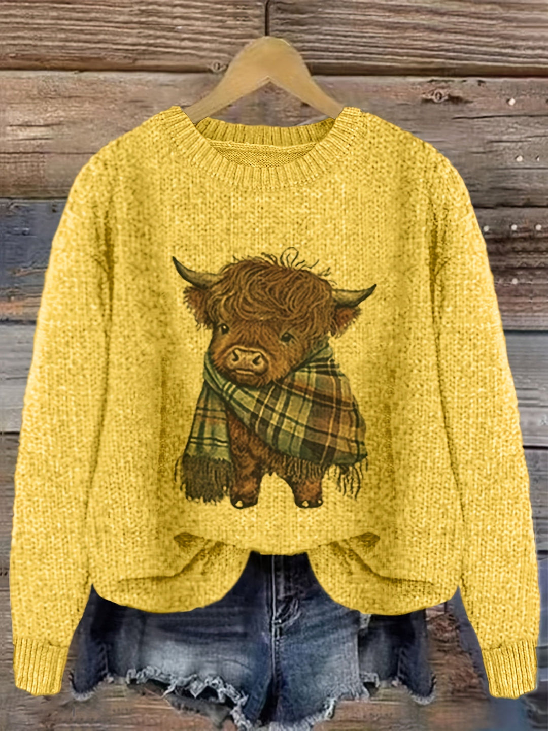 Solbrun | Dame Striktrøje Highland Cow Grafik - Light Green - Image 7