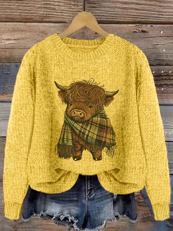 Solbrun | Dame Striktrøje Highland Cow Grafik - Light Green - Image 7