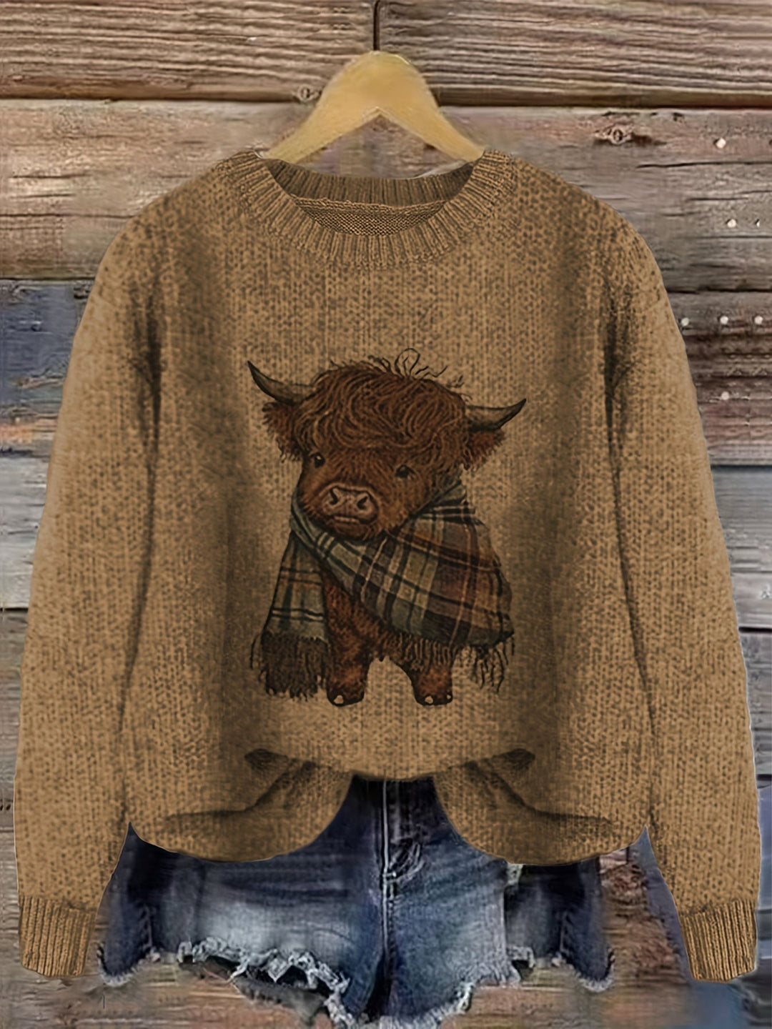 Solbrun | Dame Striktrøje Highland Cow Grafik - Light Green - Image 9
