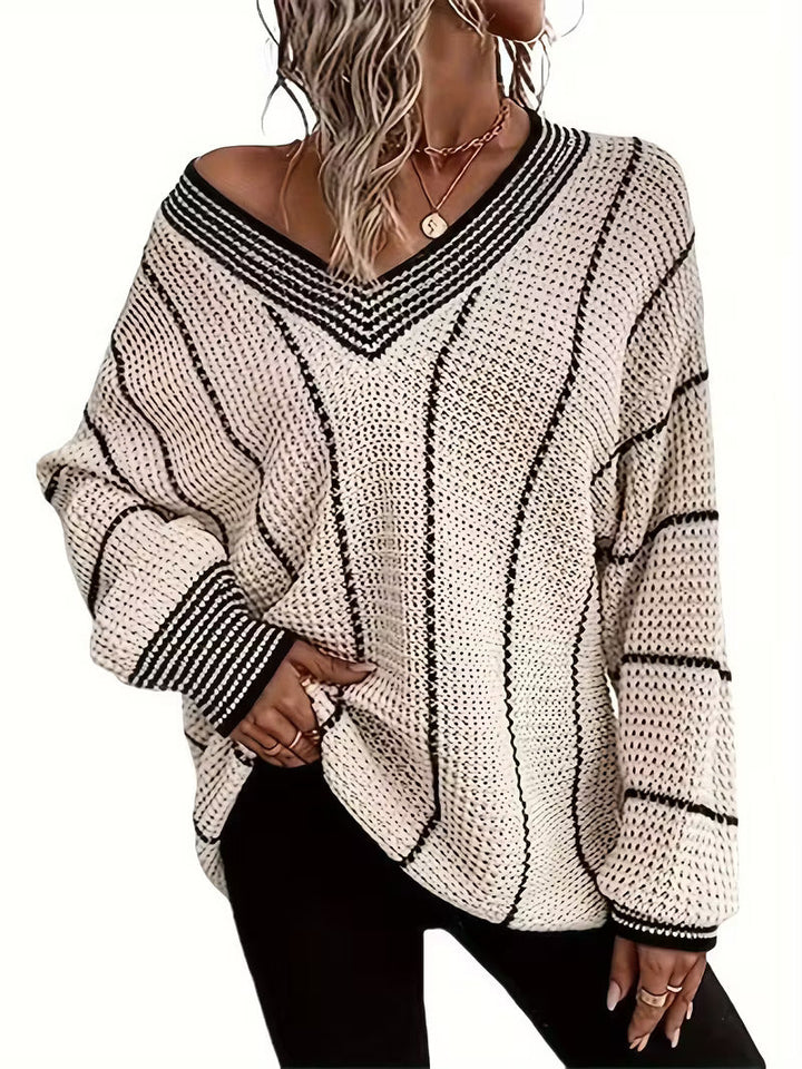 Solvara | Dame Oversized Striktrøje V-hals - Cream - Image 1