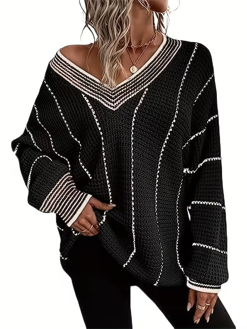 Solvara | Dame Oversized Striktrøje V-hals - Cream - Image 2