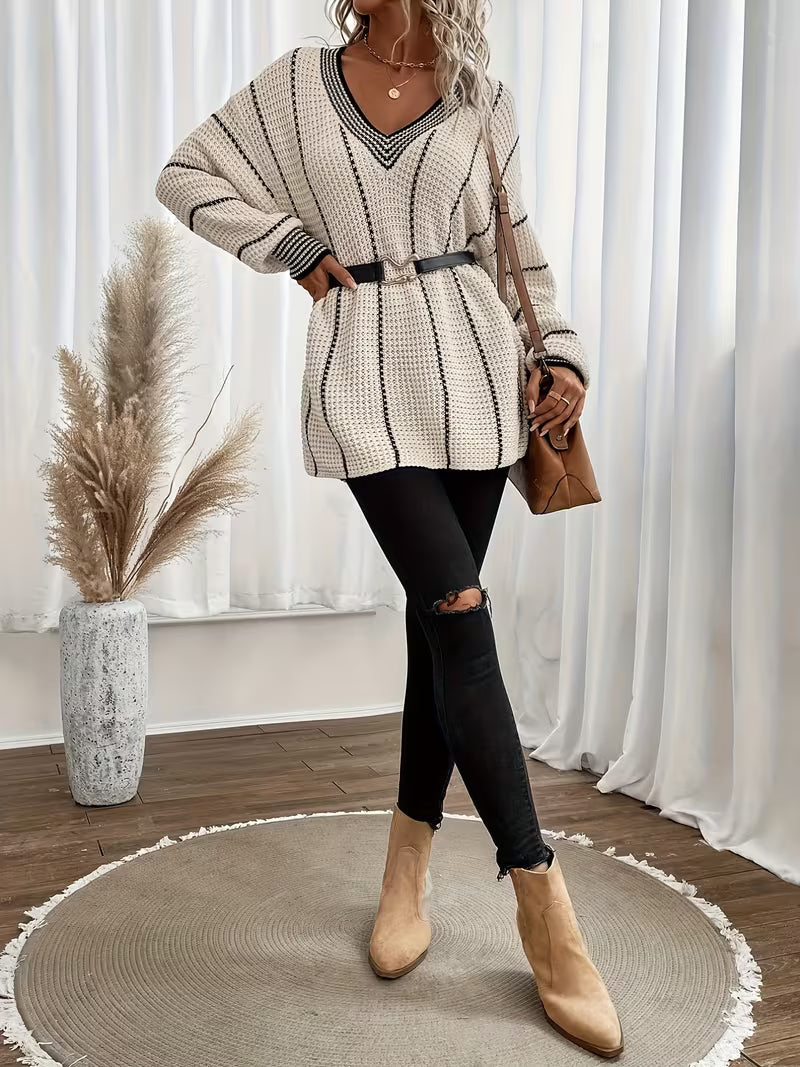 Solvara | Dame Oversized Striktrøje V-hals - Cream - Image 3