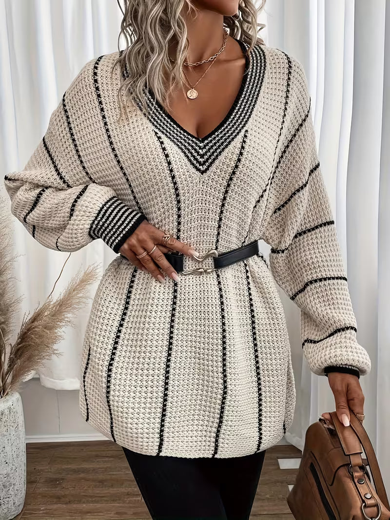 Solvara | Dame Oversized Striktrøje V-hals - Cream - Image 4