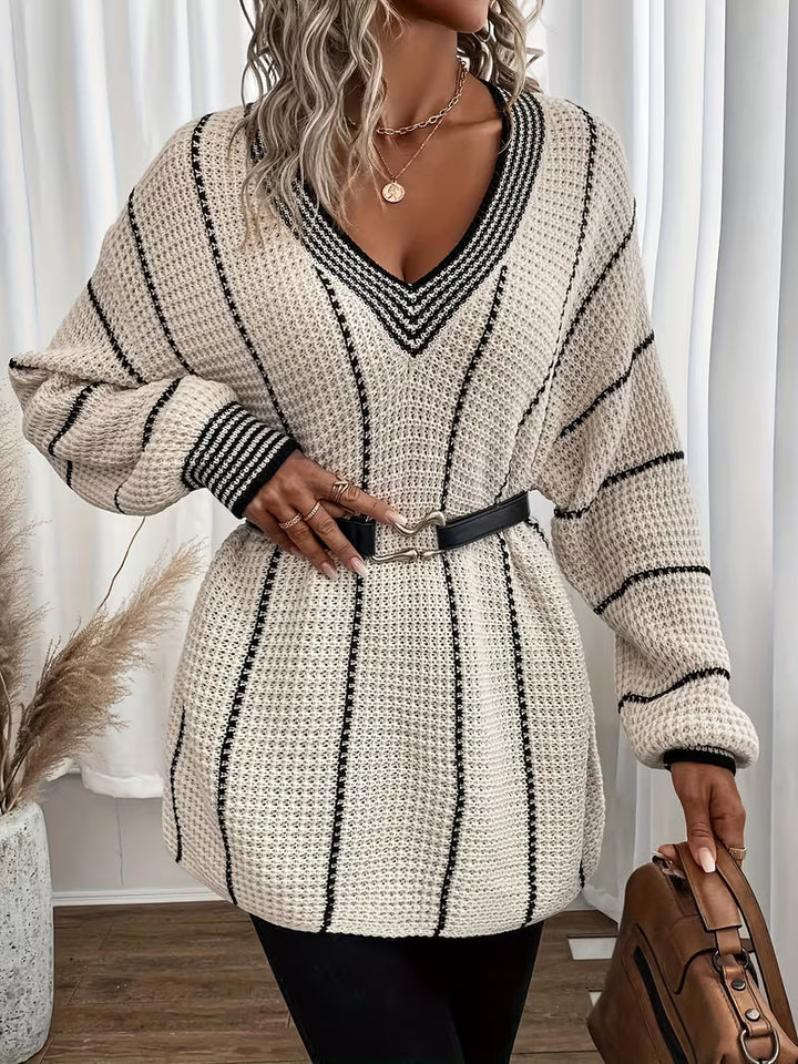 Solvara | Dame Oversized Striktrøje V-hals - Cream - Image 4