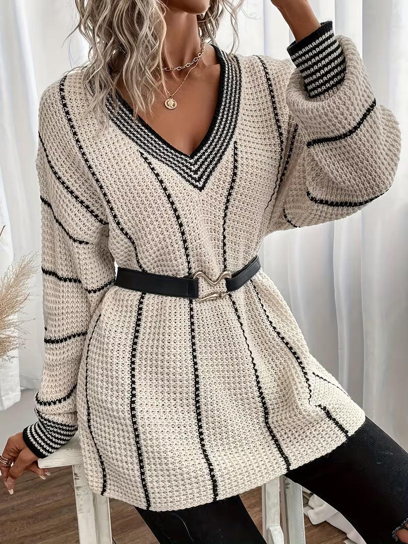 Solvara | Dame Oversized Striktrøje V-hals - Cream - Image 5