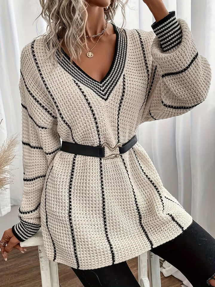 Solvara | Dame Oversized Striktrøje V-hals - Cream - Image 5