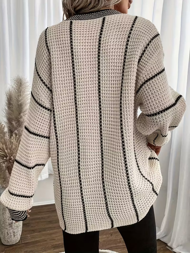 Solvara | Dame Oversized Striktrøje V-hals - Cream - Image 6