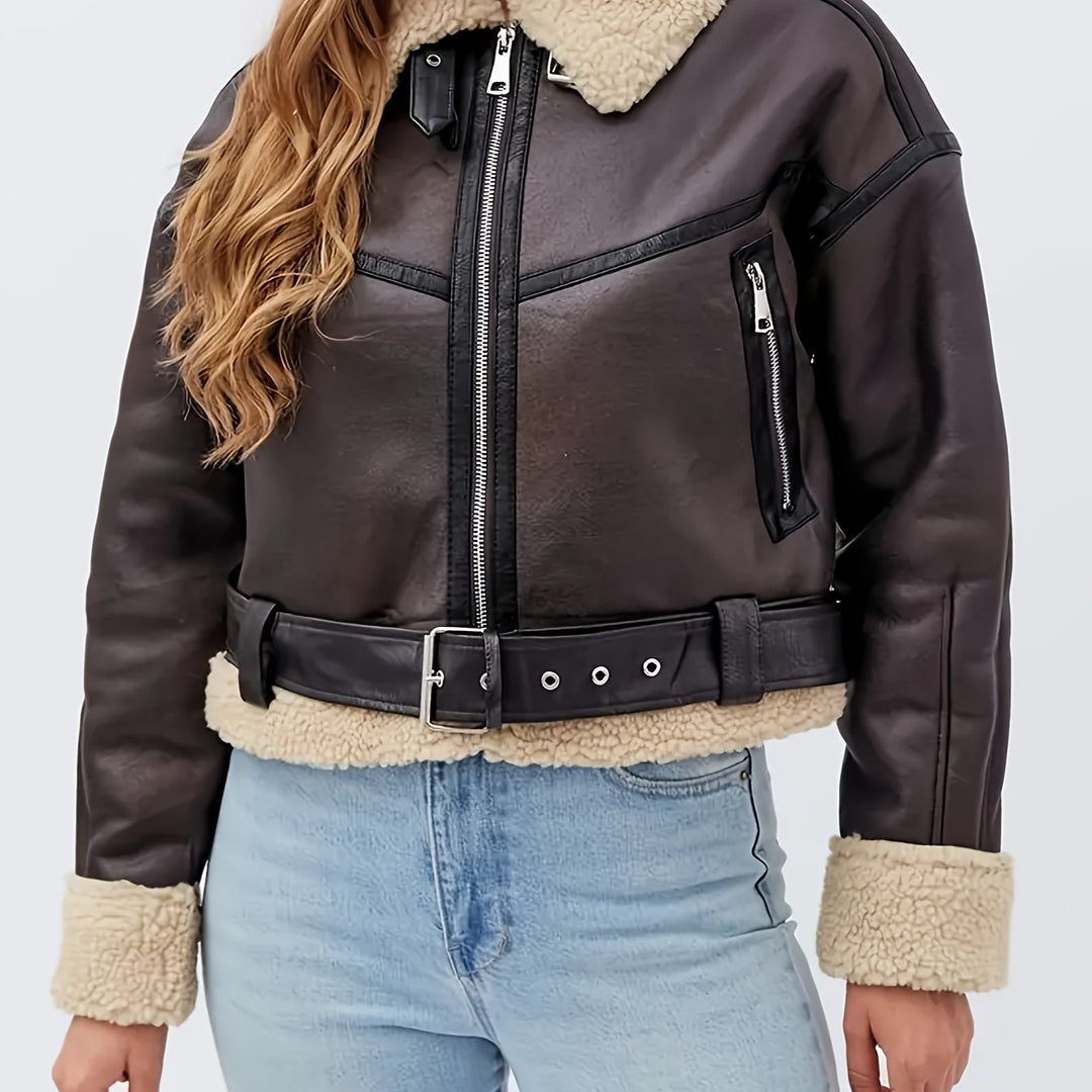 Solveig | Dame Fleecejakke med Sherpa og Bælte - Dark Brown - Image 1
