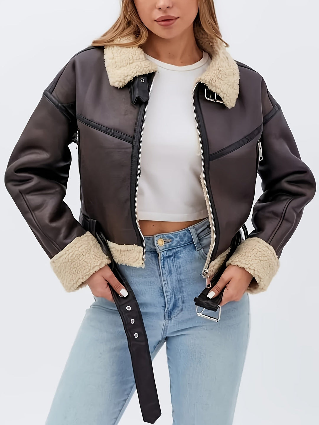 Solveig | Dame Fleecejakke med Sherpa og Bælte - Dark Brown - Image 4