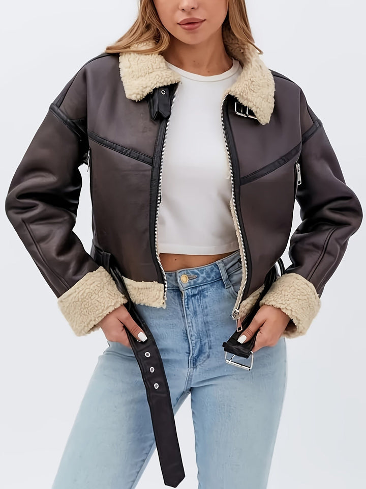 Solveig | Dame Fleecejakke med Sherpa og Bælte - Dark Brown - Image 4