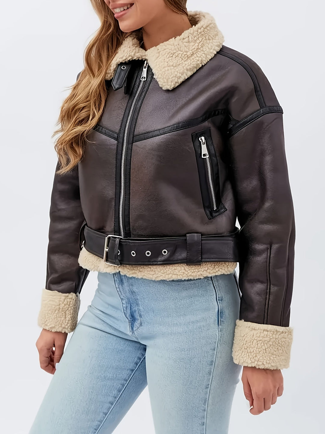 Solveig | Dame Fleecejakke med Sherpa og Bælte - Dark Brown - Image 5