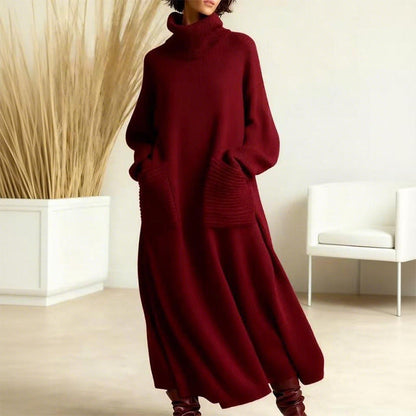 Solveiga | Dame Strikkjole Rullekrave Midi - Burgundy - Image 1