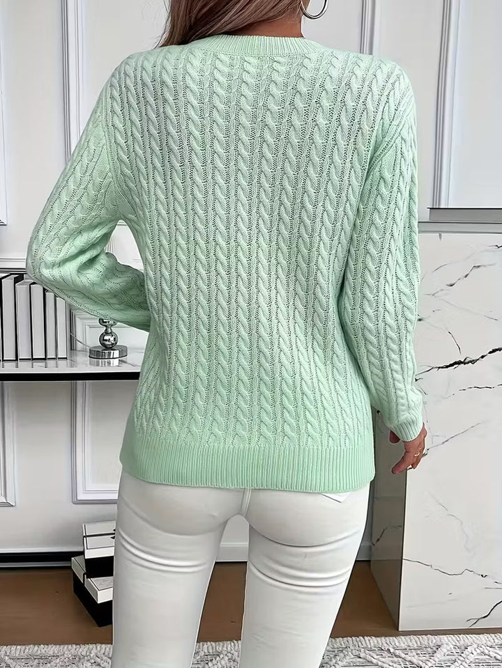 Solvika | Dame Striktrøje Kabelstrik Rund Hals - Light Green - Image 12